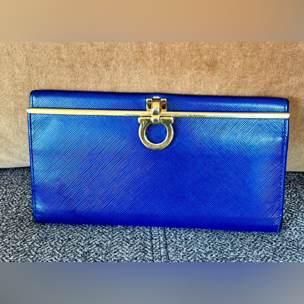 Salvatore Ferragamo Blue Leather Wallet with Gold Hardware
